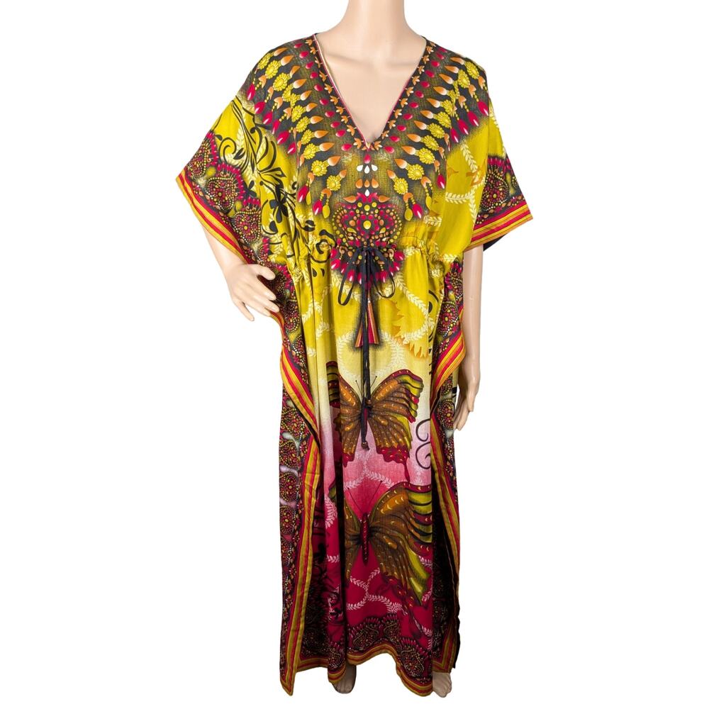 Jovie Butterfly Maxi Kaftan Dress OSFM Sunset Pink Yellow Drawstring Waist EUC